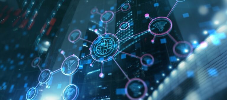 Rete di comunicazione globale su sfondo urbano.