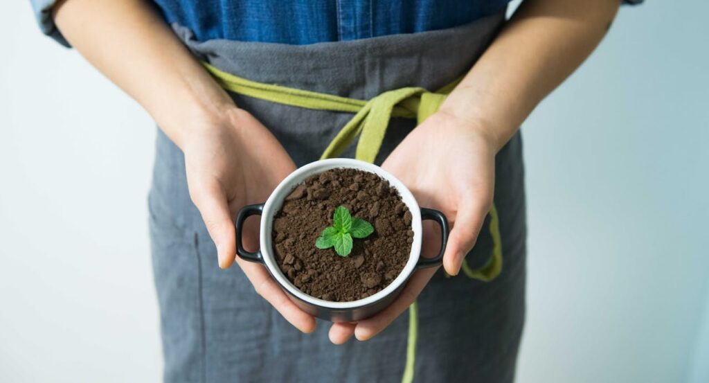 Paesaggi commestibili: una donna tiene in mano una tazza con della terra e un germoglio