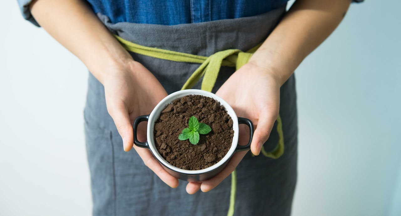 Paesaggi commestibili: una donna tiene in mano una tazza con della terra e un germoglio